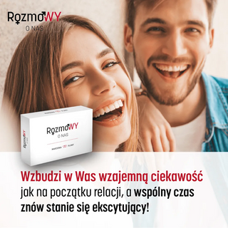 Pudełko gry Rozmowy o nas, w tle roześmiane twarze zakochanej pary – kobiety i mężczyzny. W dolnej części grafiki napis mówiący o korzyści płynącej z gry.