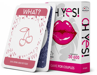 Oh Yes Pink couples game box and cards standing up.
