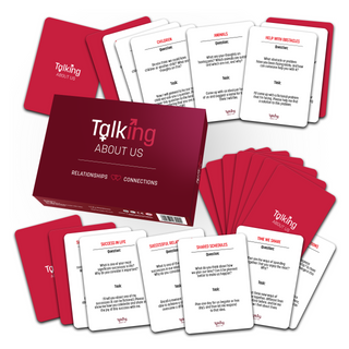 Organized laydown of couples intimacy game set including cards and box