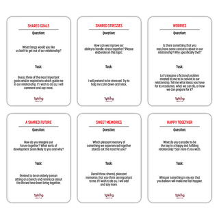 Close up of romantic question cards used in couples game