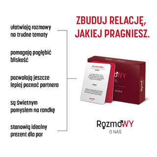 Infografika przedstawia pudełko gry Rozmowy o nas Związek i Relacja oraz wypunktowane najważniejsze zalety gry.